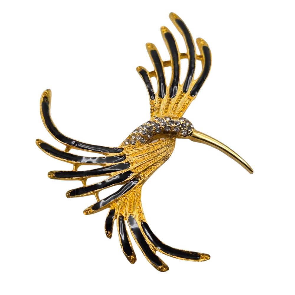 Vintage Art Nouveau Revival Hummingbird Brooch Black Enamel Rhinestone Bird Pin